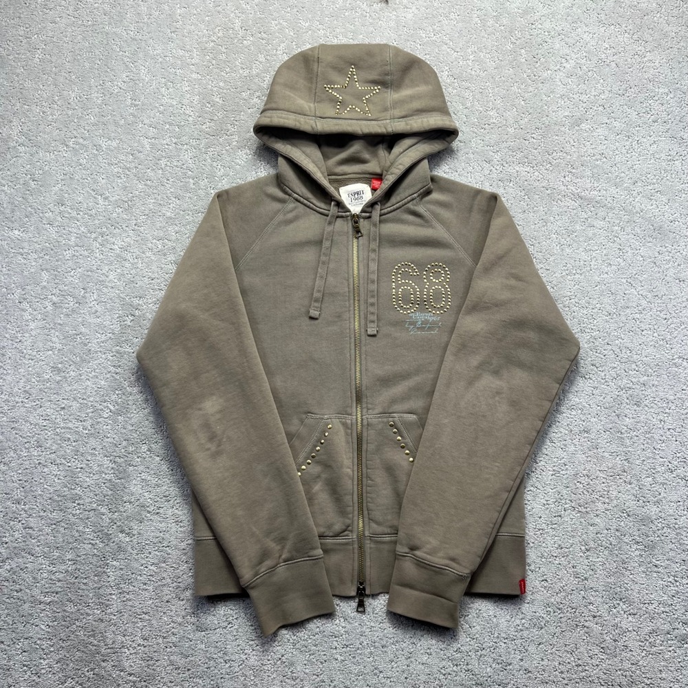 Y2k‎ Esprit Hoodie Womens Large Brown Full Zip Studded Star Sweatshirt 98